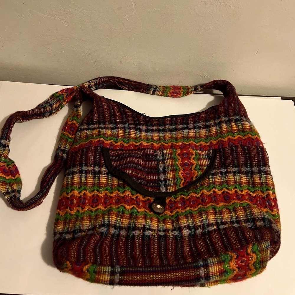 Mexican Shoulder Bag Tote Multi Color Yarn Stitched Blanket Boho Hippie